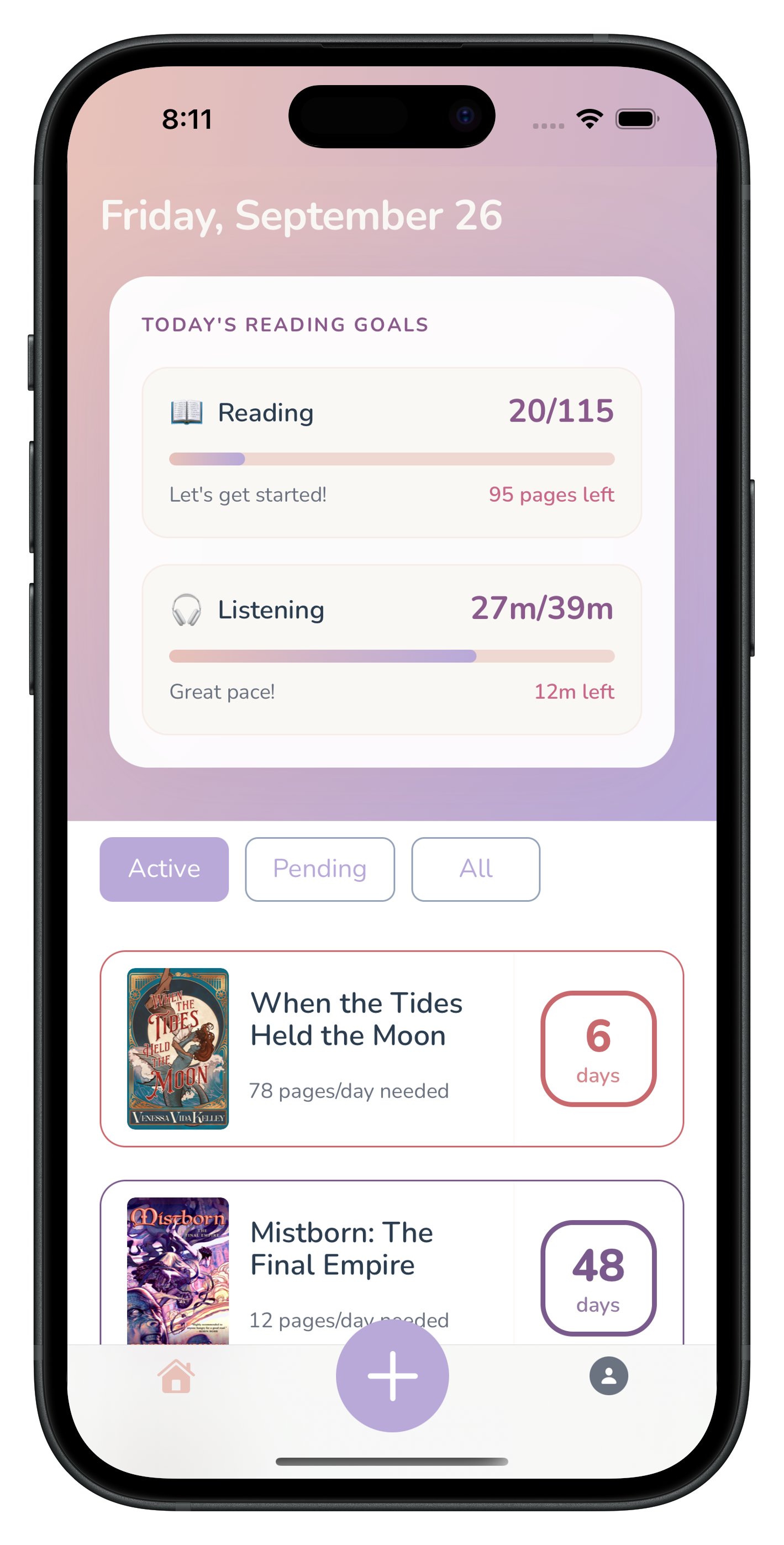 ShelfControl app showing reading goals and active deadlines